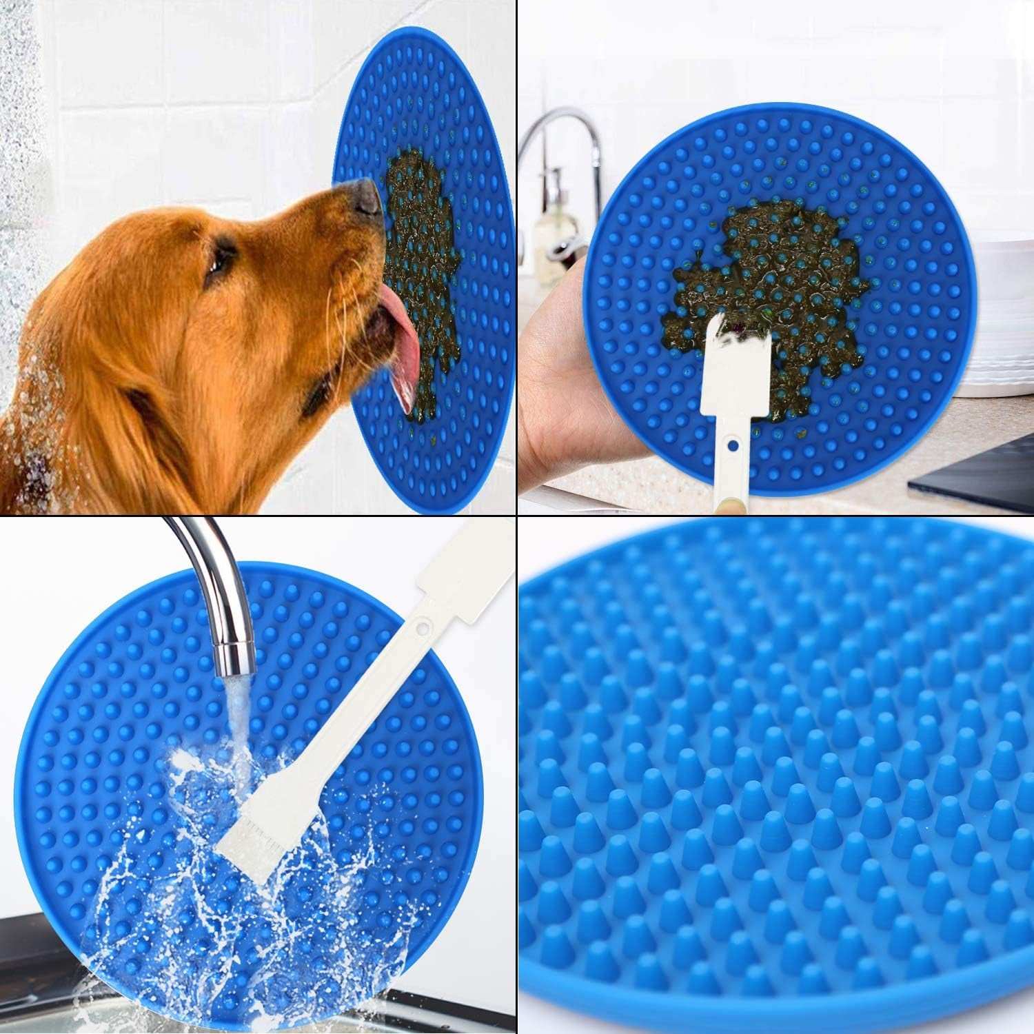 Dog Lick Mat Set-Peanut Butter Lick Mat for Pet Bathing, Grooming, and Dog Training with Bonus Spatula/Cleaning Brush Suitable for All Breeds,Blue