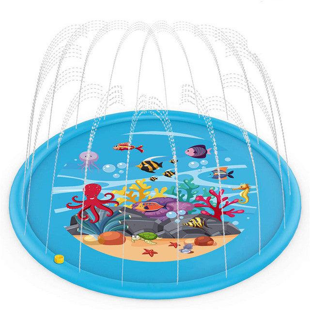 Blue Dog Splash Sprinkler Pad with underwater sea creature design and arched water sprays