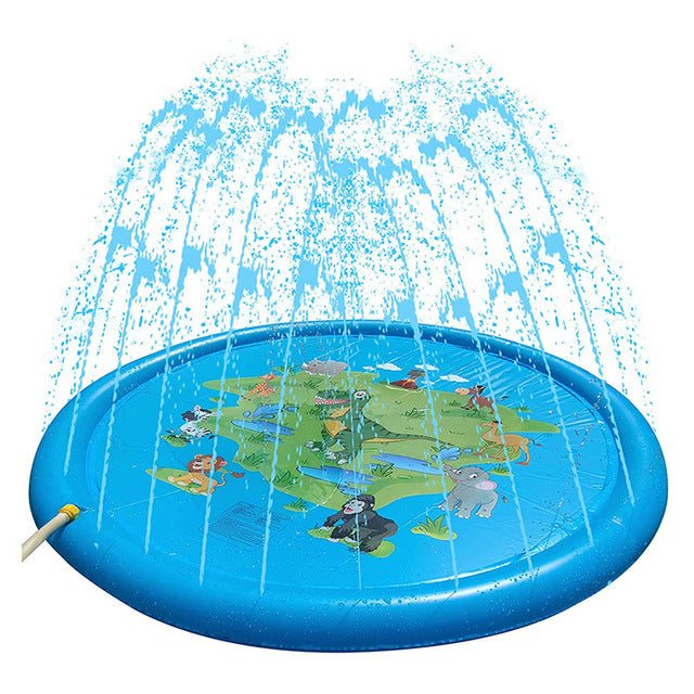 Blue Dog Splash Sprinkler Pad with water jets and animal designs for outdoor fun