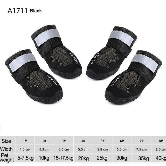 Waterproof reflective dog boots in black with durable soles and adjustable straps for outdoor protection