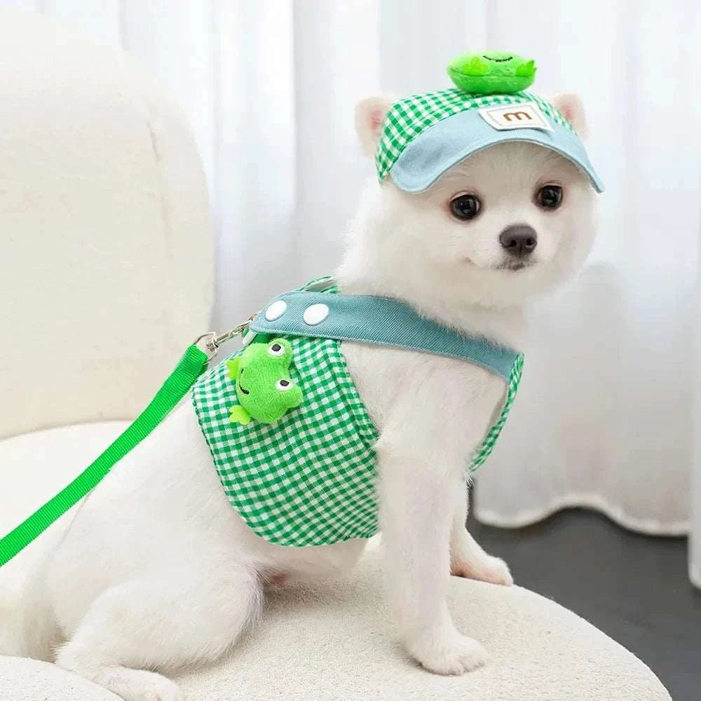 Small white dog wearing a cute pet outfit set with green gingham harness, matching cap, and leash featuring cartoon frog embellishments