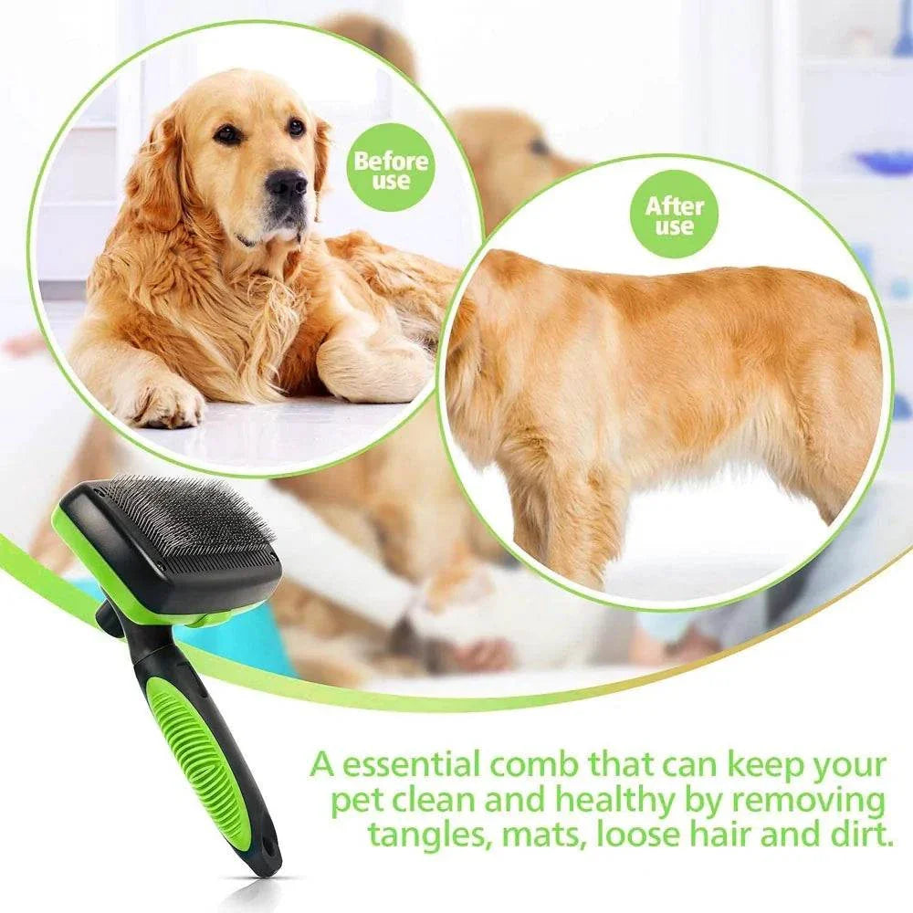 Self Cleaning Dog Brush with ergonomic handle removing tangles, mats, and loose hair from golden retriever before and after grooming