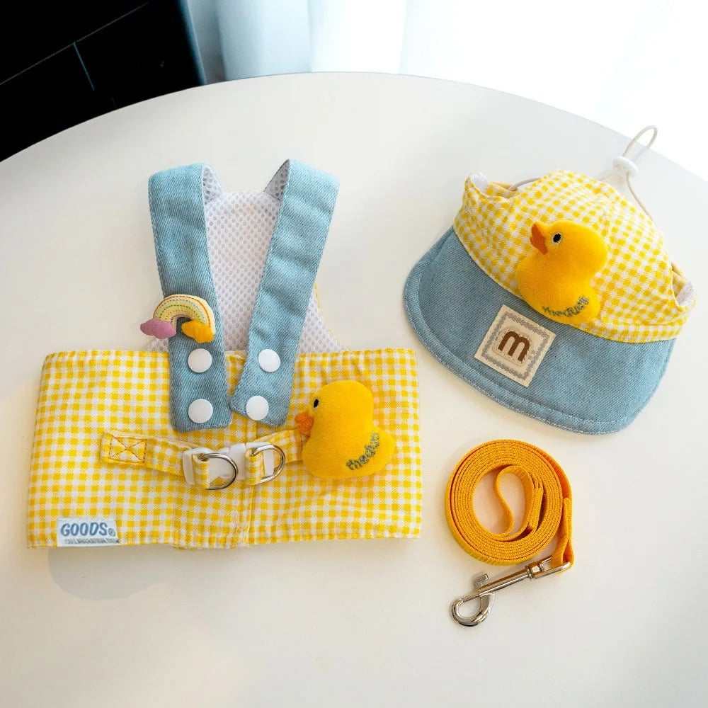 Cute pet outfit set with yellow gingham harness, adjustable leash, and matching cap featuring a duck design for small dogs