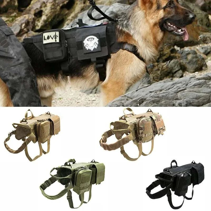 Tactical Military Dog Harness made of durable nylon with solid pattern, designed for outdoor use and all-season comfort.