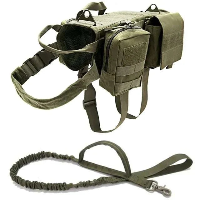 Tactical Military Dog Harness in olive nylon with storage pouches and adjustable straps for outdoor use