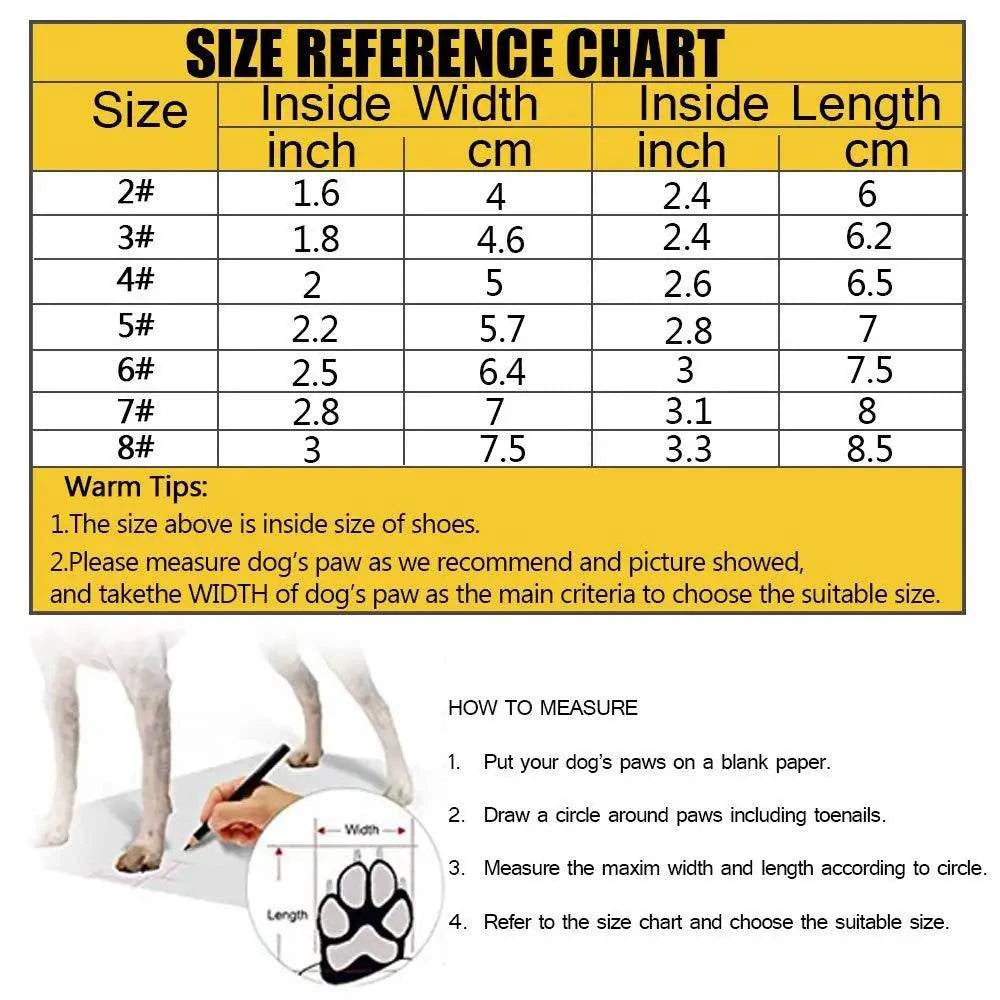 Waterproof reflective dog boots size chart with measurement guide for paw width and length.