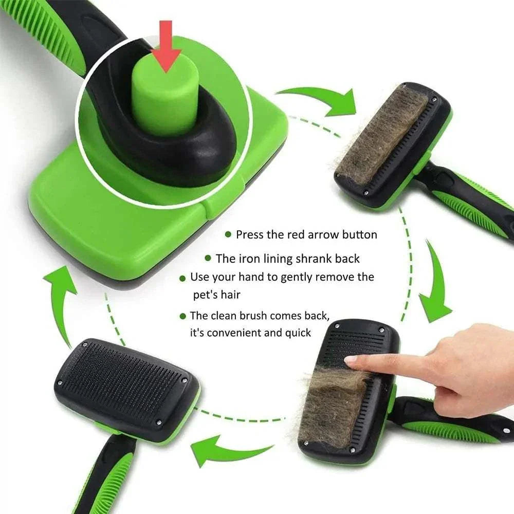 Self cleaning dog brush with retractable bristles for easy hair removal and grooming pets of all sizes and hair types