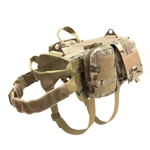 Tactical Military Dog Harness in durable nylon with camouflage pattern and storage pouches for outdoor use