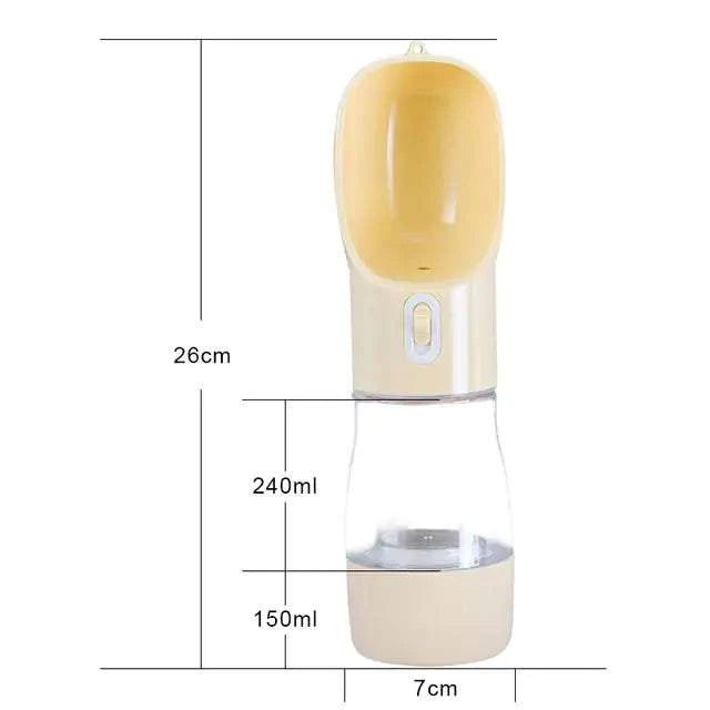 Portable pet dog water bottle feeder with built-in bowl and spill-proof design, BPA-free plastic, 240ml capacity, beige color