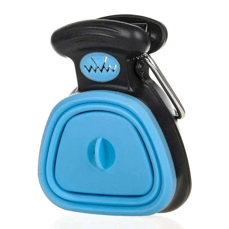 Portable folding dog poop scooper in black and blue, compact and lightweight for easy outdoor use