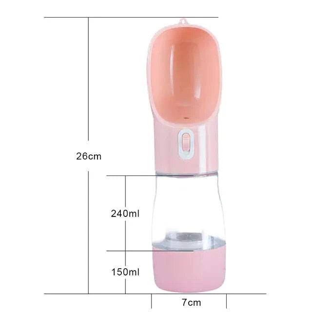 Pink Pet Dog Water Bottle Feeder with built-in bowl, 26cm tall, 20oz BPA-free plastic for travel hydration and feeding