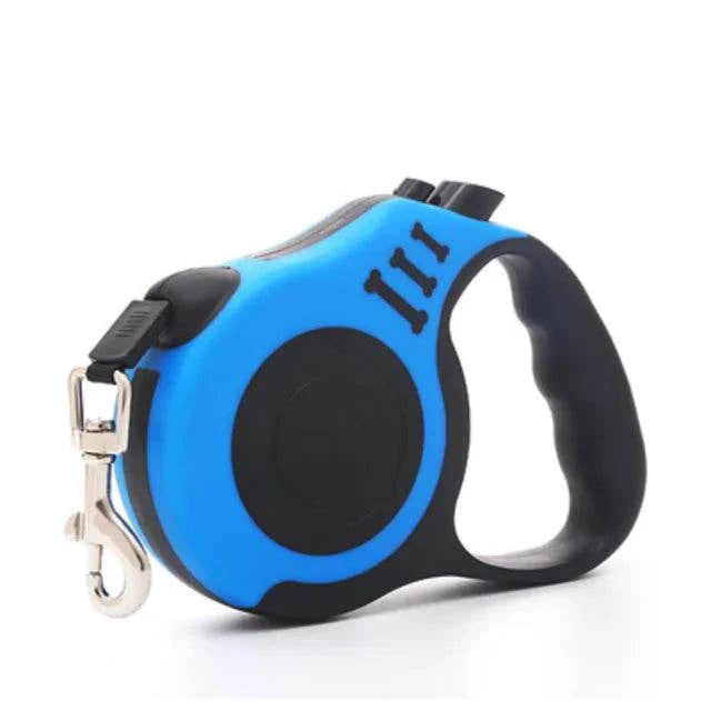 Blue and black LED lights dog leash with ergonomic handle and retractable nylon strap