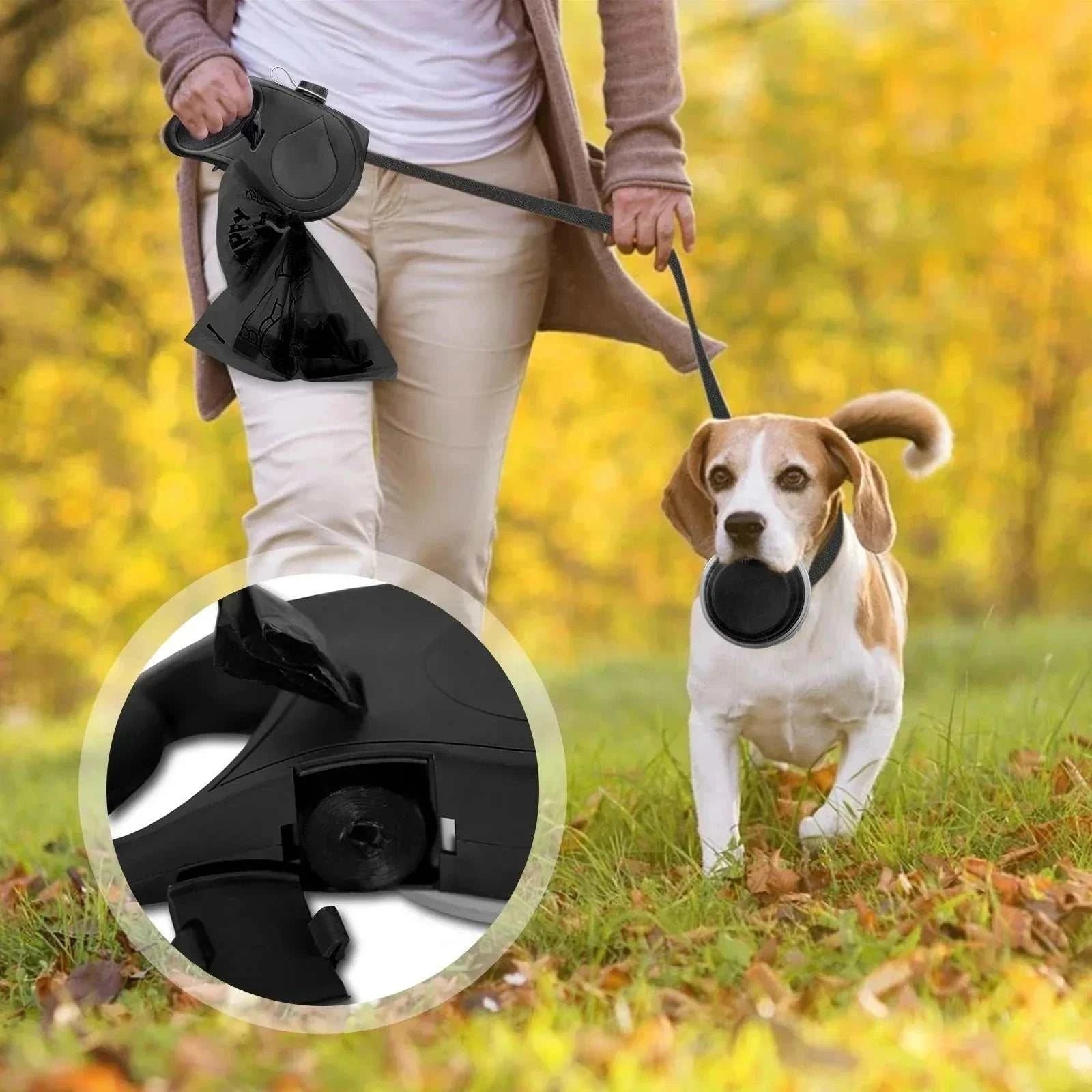 All-in-One Dog Leash with integrated water bottle and collapsible bowl for easy pet hydration during walks