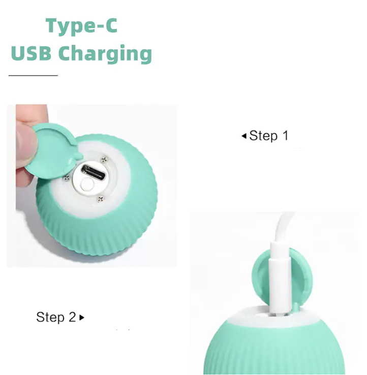 Smart Cat Ball Toys showing Type-C USB charging port and cable connection steps