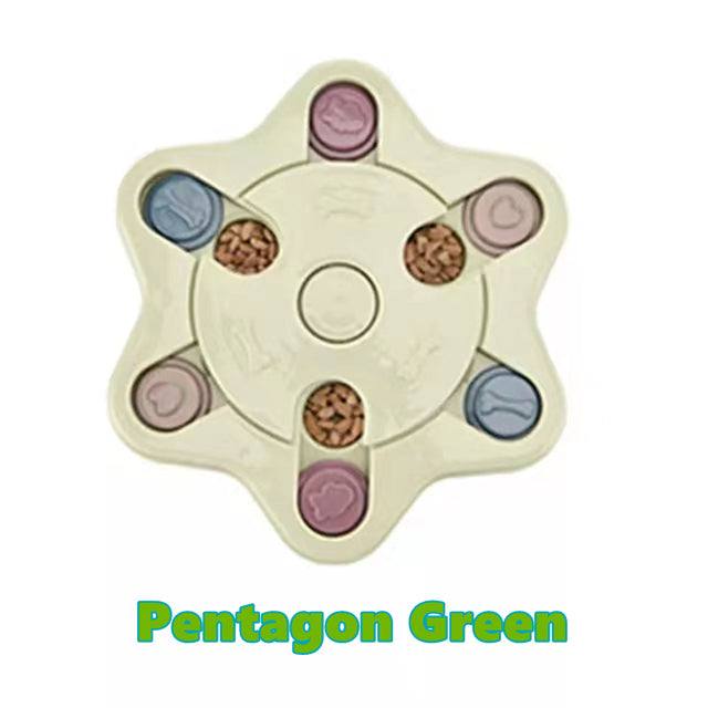 Interactive puzzle toy for dogs with food compartments and sliding lids in pentagon green design