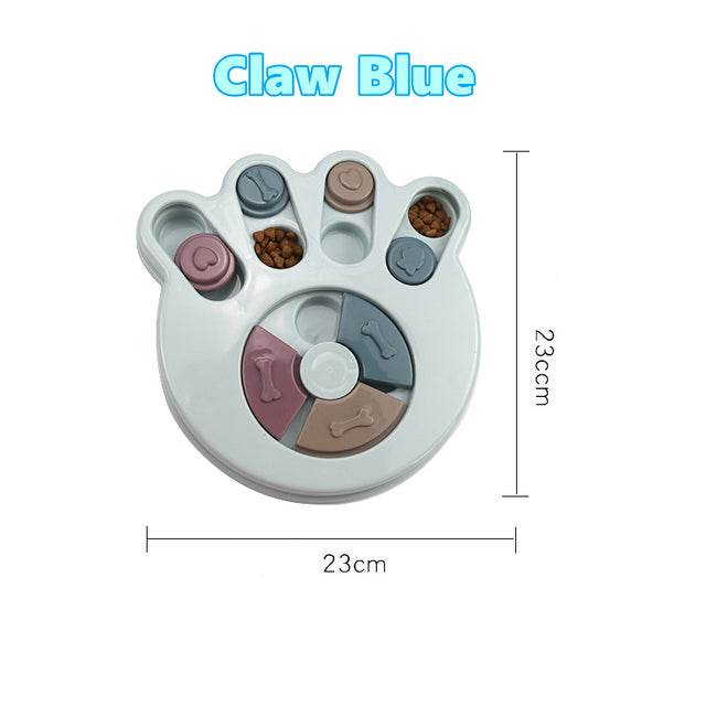 Interactive puzzle toy for dogs in claw shape with multiple compartments for treats and slow feeding.