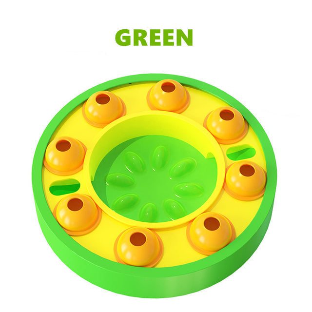 Green interactive puzzle toy for dogs with multiple compartments for food rewards and brain training