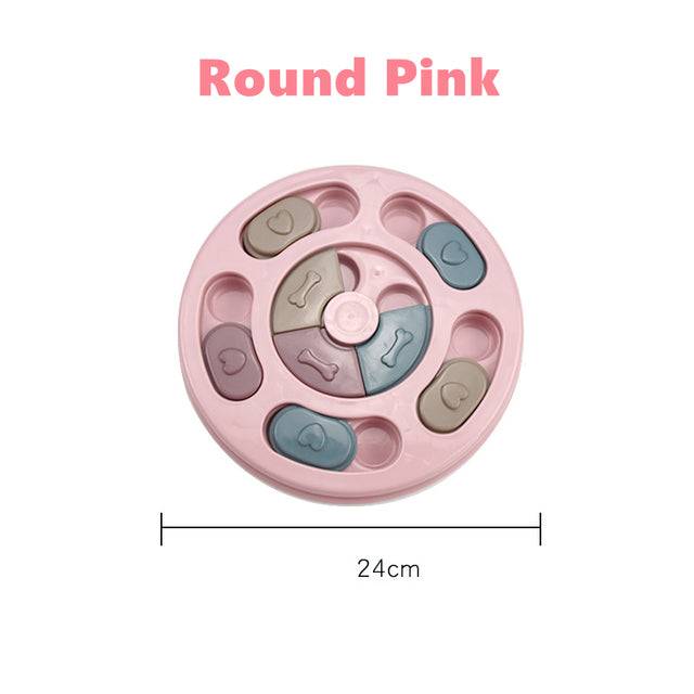 Pink interactive puzzle toy for dogs with rotating and sliding compartments for slow feeding and intelligence training, 24cm diameter.
