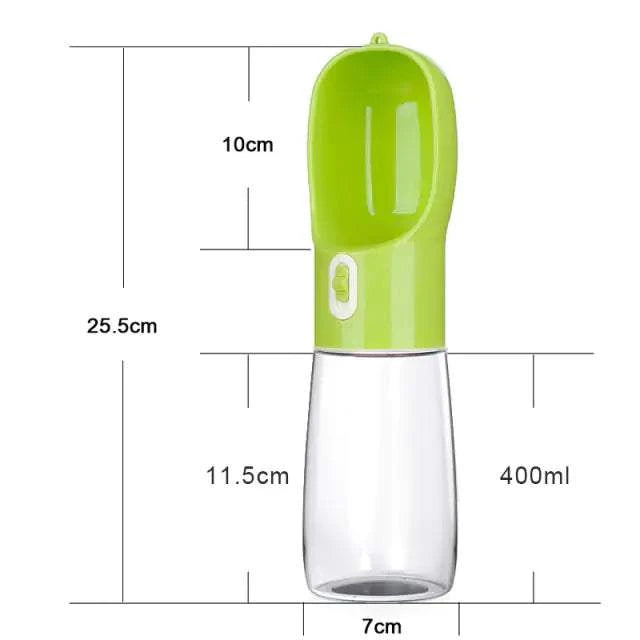 Pet Dog Water Bottle Feeder with built-in bowl and spill-proof design, BPA-free plastic, 400ml capacity, green color.