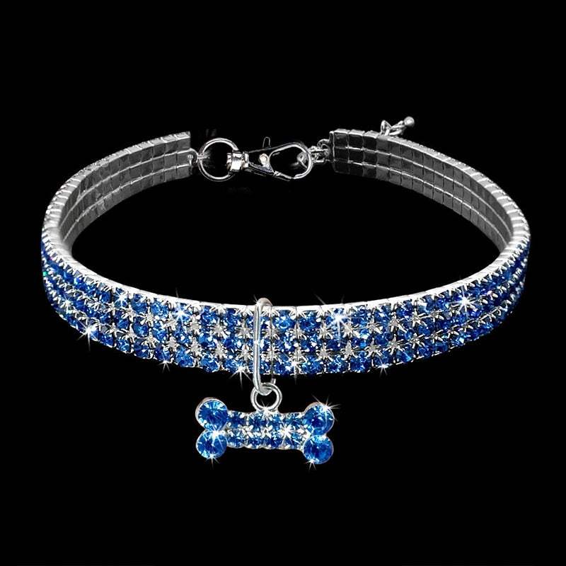 Bling Crystal Dog Collar with blue rhinestones and bone pendant for small pets