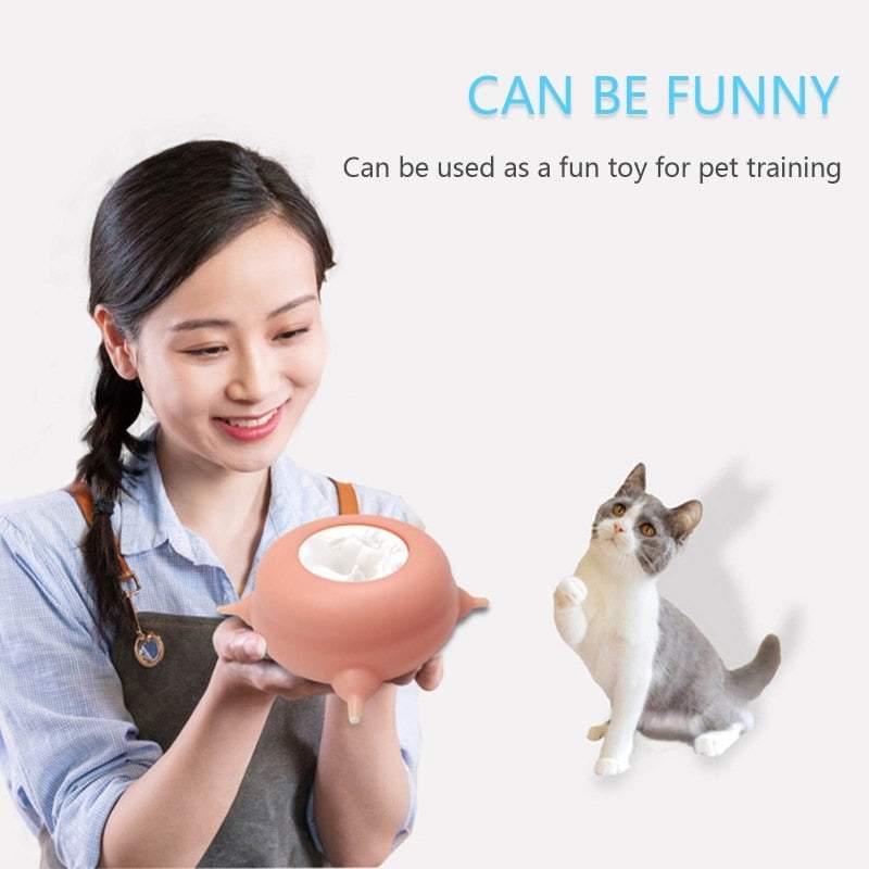 Portable pet milk feeding bowl held by woman with cat nearby for pet training and feeding convenience