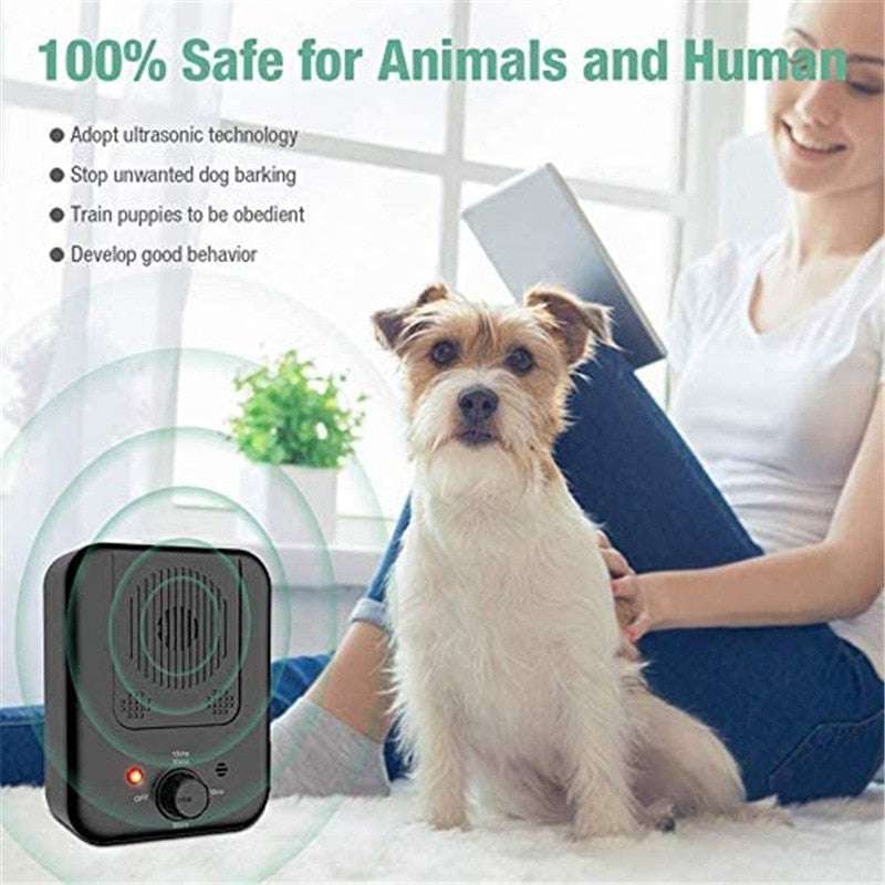 Anti-bark device using ultrasonic technology safe for dogs and humans with a small black unit next to a sitting dog and person in background