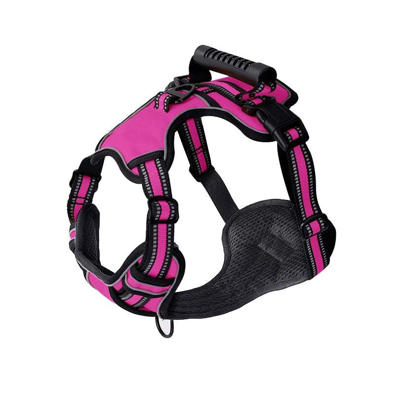 Adjustable pink and black nylon dog harness from the Dog Harness and Retractable Leash Set designed for secure and comfortable walking.