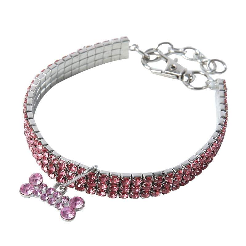 Pink bling crystal dog collar with rhinestones and bone-shaped charm for small dogs and puppies