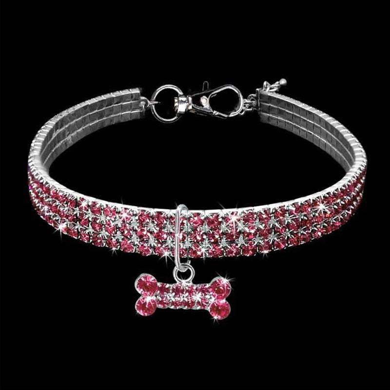 Bling crystal dog collar with pink rhinestones and bone-shaped pendant for small dogs and puppies