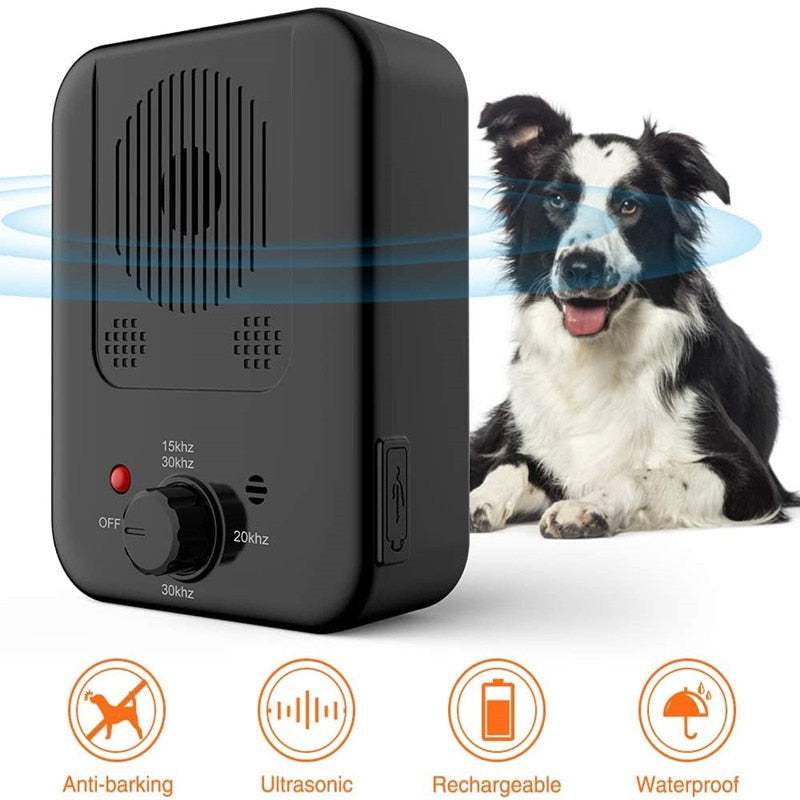 Black ultrasonic anti-bark device emitting high-frequency sound near happy dog, rechargeable and waterproof