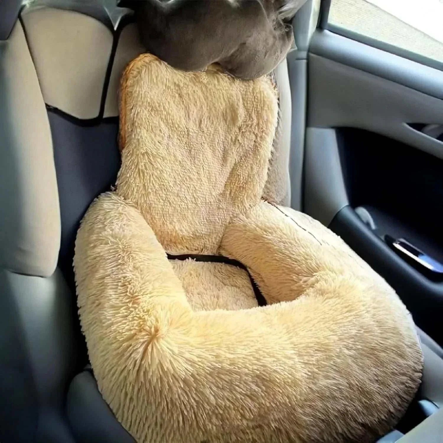 Calming Pet Car Bed plush tan faux fur travel seat for dogs in car backseat