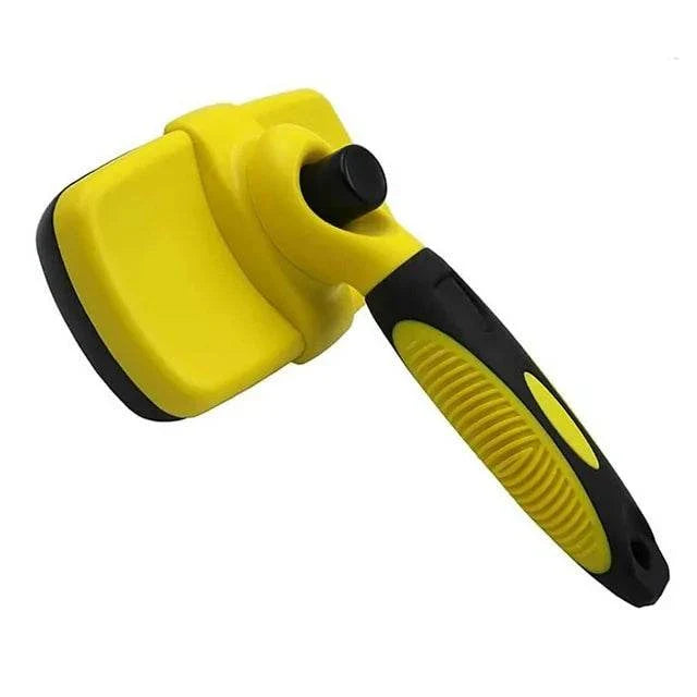 Yellow and black self cleaning dog brush with retractable bristles and ergonomic handle for removing mats and loose hair from pets.