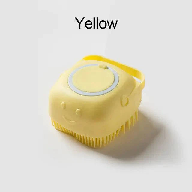 yellow soft silicone dog brush with gentle bristles and shampoo dispenser for pet grooming