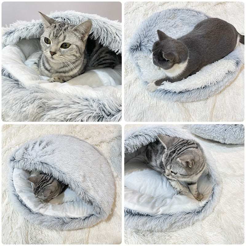 Gray plush pet cat bed with cozy, soft fabric and a cat lounging inside, featuring a deep, round, and snug design.