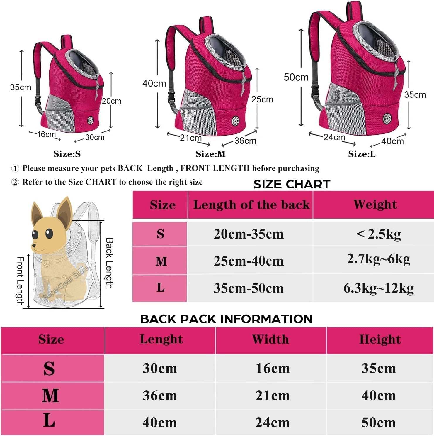 Carrying Companion Backpack in three sizes with ergonomic design for pets and detailed size chart