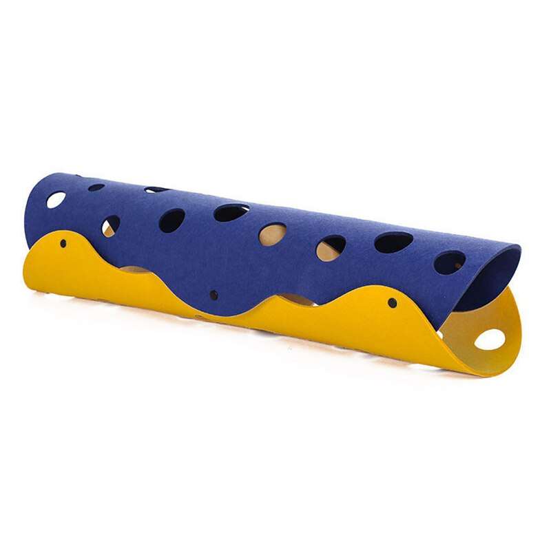 Foldable cat tunnel toy in blue and yellow with multiple circular openings for playful feline exploration