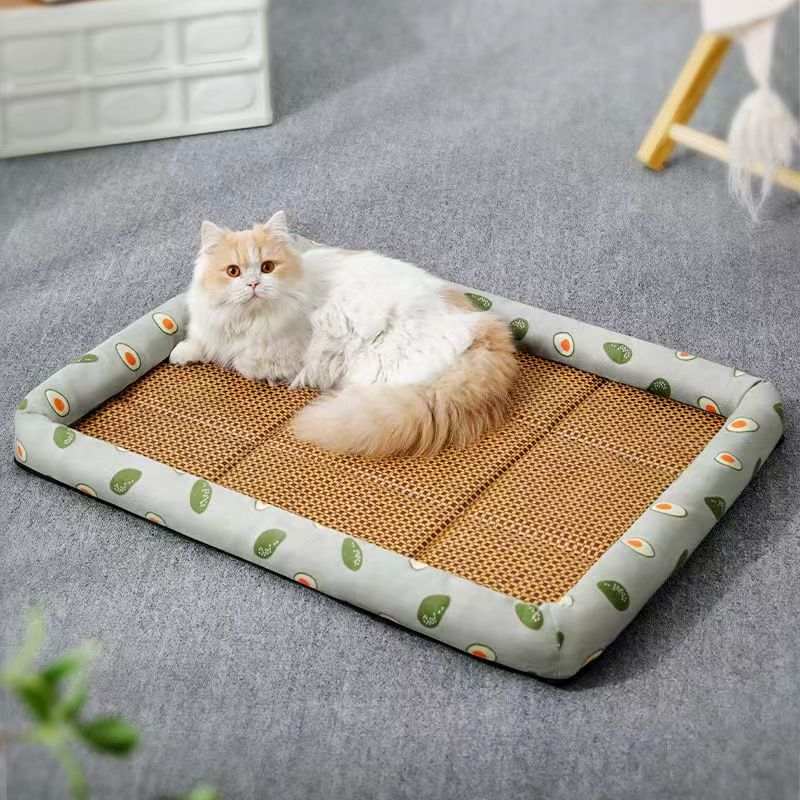 Cat resting on a cooling Pet Ice Pad Mat with avocado print border on gray floor