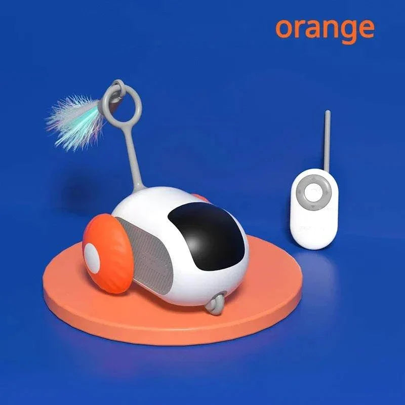 Automatic Cat Toy with feather attachment and remote control on orange platform against blue background