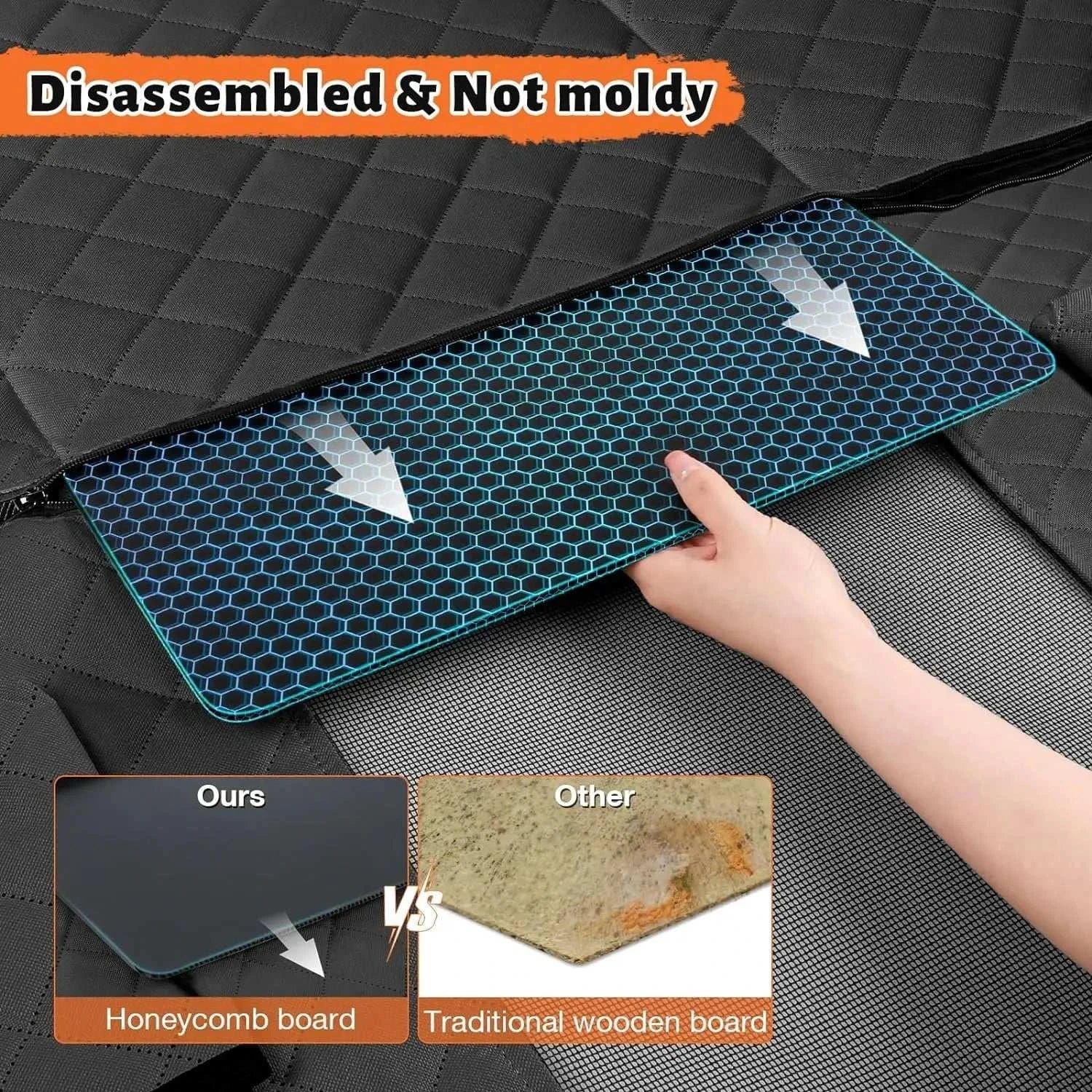 Close-up of hard bottom dog car seat cover with removable honeycomb board for stability and mold resistance against traditional wooden board