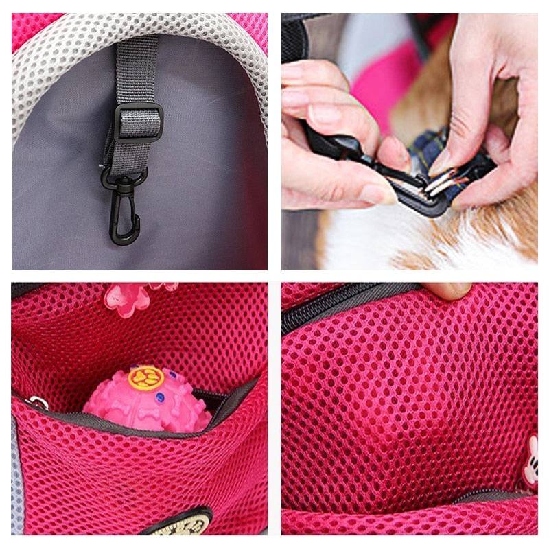 Close-up details of Carrying Companion Backpack showing clip, zipper, and mesh pockets in pink color
