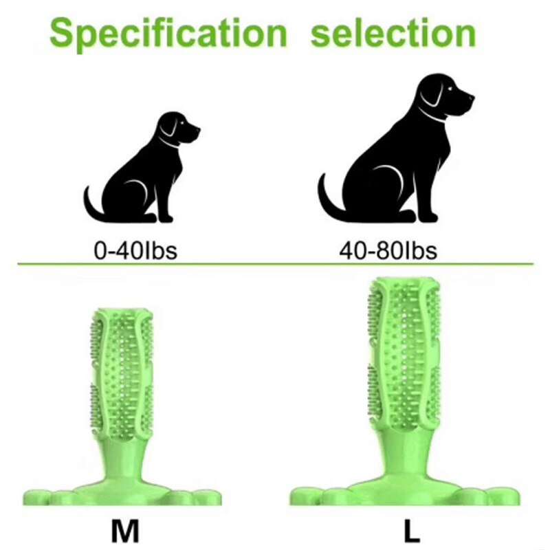 Green dog toothbrush chew toy for medium and large dogs weighing 0-80 lbs with bristle grooves and durable rubber design