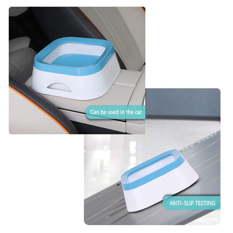 Anti splash pet bowl with blue rim and non-slip base for car use and spill prevention
