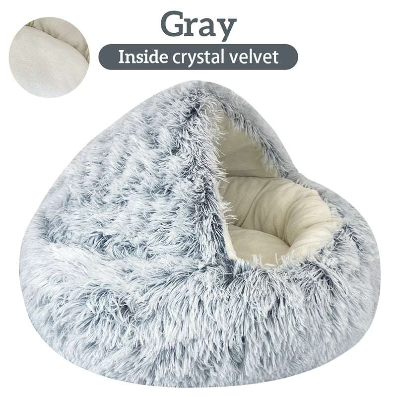 Gray plush pet cat bed with soft crystal velvet interior and cozy cocoon design
