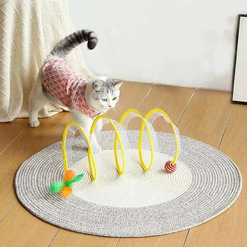 Cat playing with self-play hunting spiral tunnel toy on round rug indoors