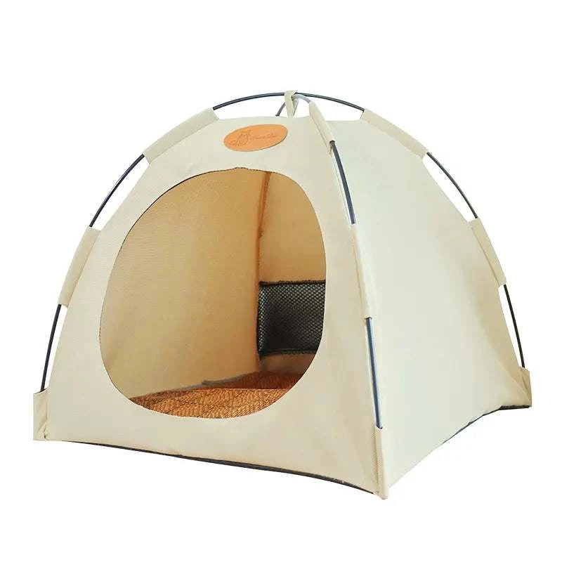 Foldable beige pet tent with mesh vent and cozy interior for small to large pets