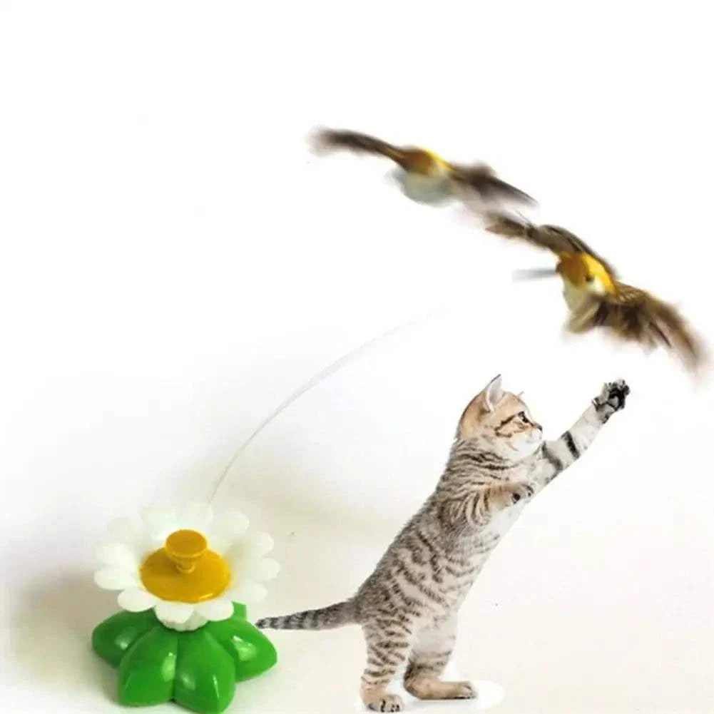Interactive cat toy with automatic rotating flying butterflies and flower base for cat playtime