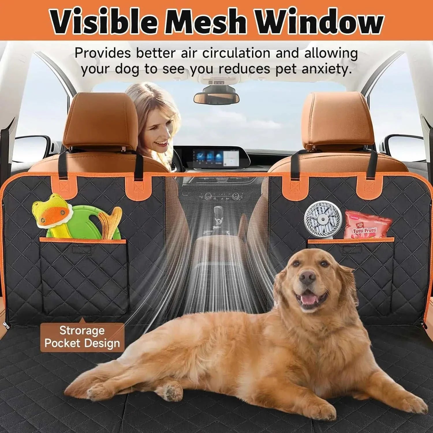 Hard Bottom Dog Car Seat Cover with visible mesh window and storage pockets protecting car seats and providing pet comfort