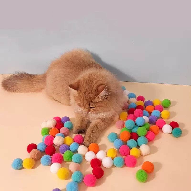 Cat playing with colorful plush balls from Cat Plush Silent Ball Gun interactive toy
