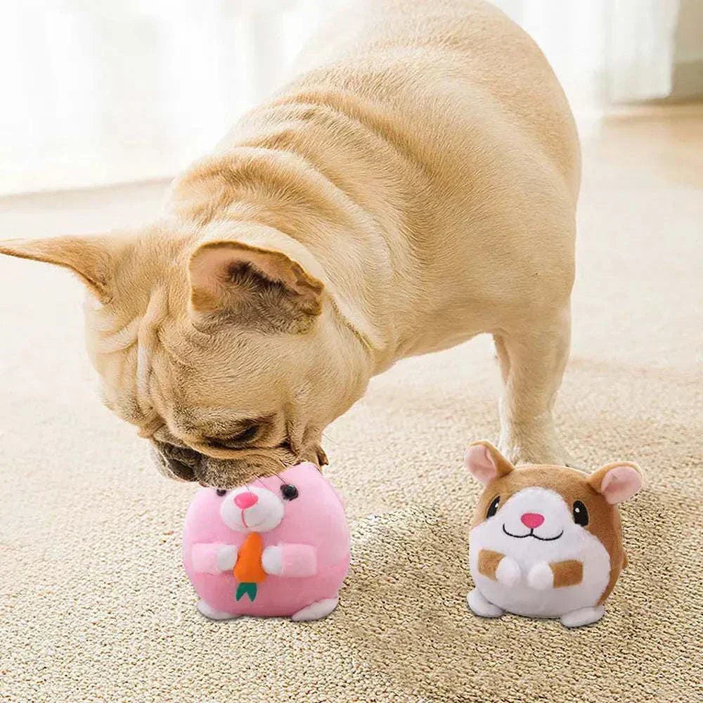 Dog playing with active moving pet plush toys shaped like a pink hamster with a carrot and a brown hamster on carpet