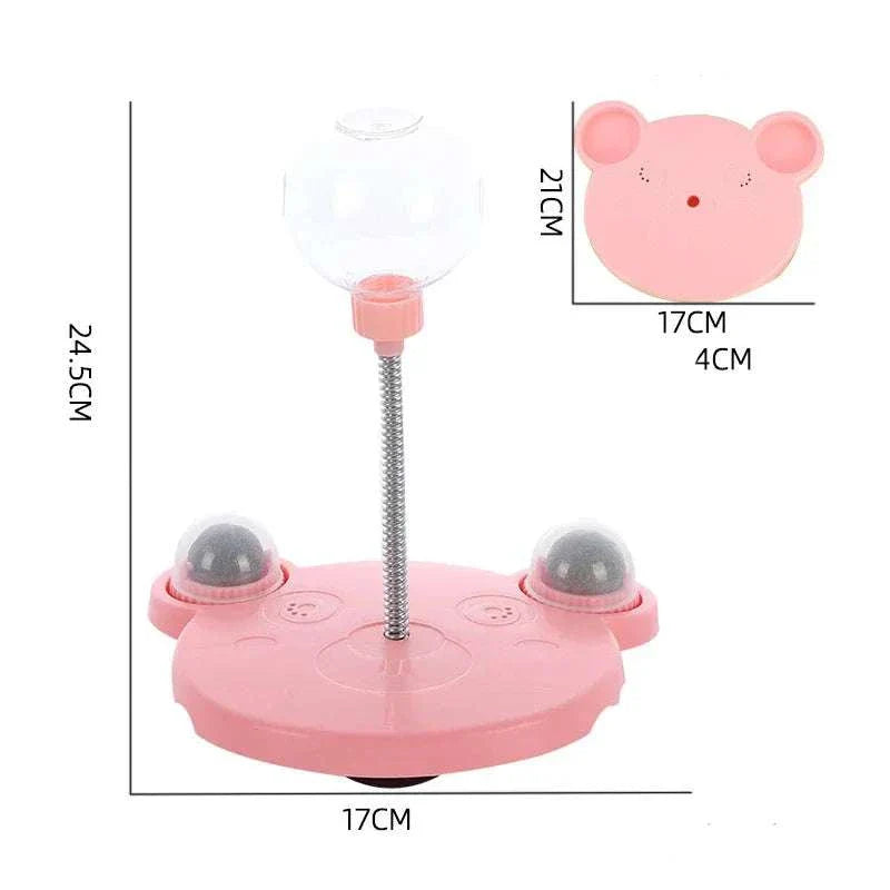 pink Leaking Treats Ball pet feeder toy with spring and treat dispenser balls, dimensions included
